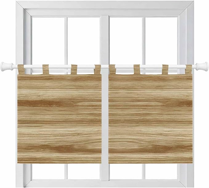Light Brown Wood Grain Kitchen Curtains 36 Inch Length, Small Window Curtains Tab Top, Western Farmhouse Barn Door Light Filtering Short Window Treatments Tier Drapes 27.5"x36" 2 Panel