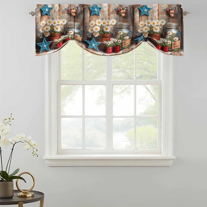 Country Flower Tie Up Valance for Window, Western Texas Star Butterfly Barn Door Adjustable Balloon Window Shade Valance Curtain for Kitchen Cafe Bathroom Window Treatment Panel 54''x18''