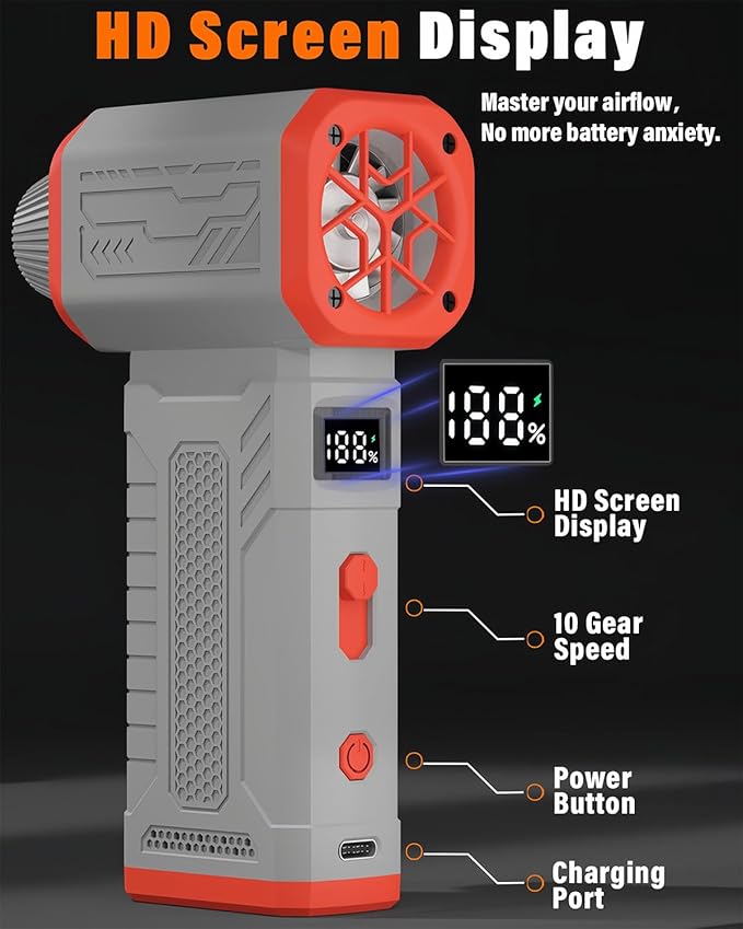 Compressed Air Duster, 130K RPM Powerful Cordless Electric Mini Blower with Display, 10-Gear Adjustable Jet Fan with Fast Charging, Rechargeable Dust Blower for Home, Outdoor and Car (Gray, Blow)