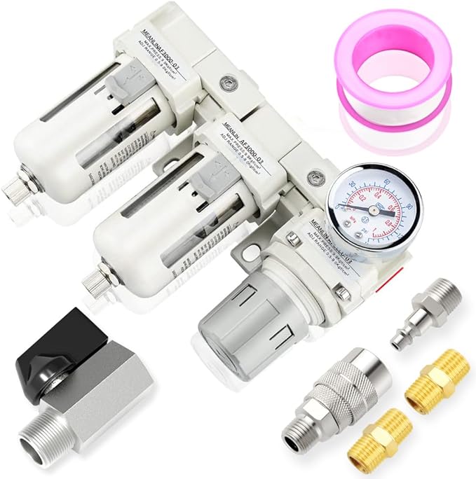 MEANLIN 3/8" NPT 3 in 1 Air Drying System Particulate Air Filter, Air Pressure Regulator Combo, with 150 PSI Gauge and Valve Shut Off Switch for Air Compressor and Pneumatic Tools