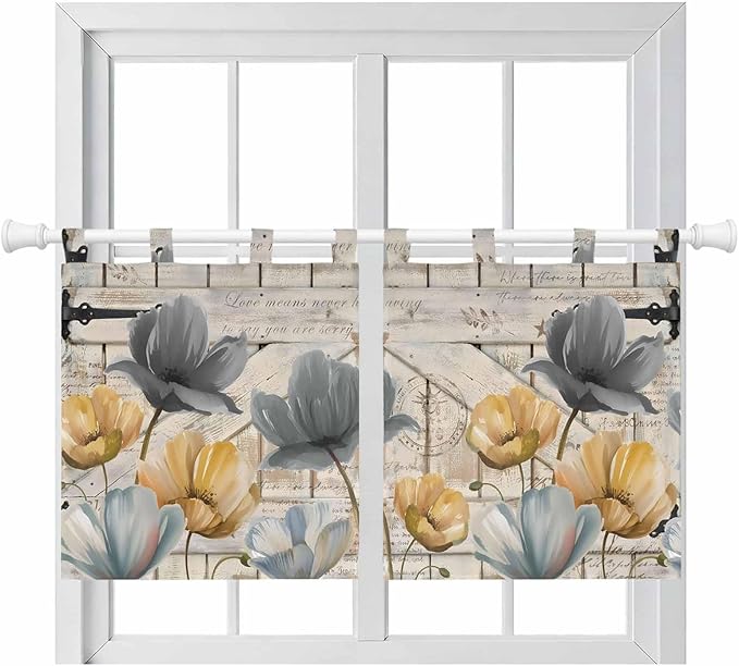 Spring Tulips Flower Kitchen Curtains 36 Inch Length, Small Window Curtains Tab Top, Vintage Floral Barn Doors Rustic Beige Light Filtering Short Window Treatments Tier Drapes 27.5"x36" 2 Panel