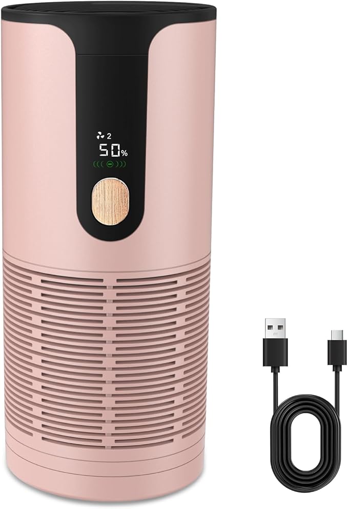 Portable Car Air Purifier-True HEPA Mini Air Purifier with LCD Display,15dB Quiet,USB-C Charging,Filters Smoke/Dust/Pet Dander in Car/Office/Desk/Travel（Pink）