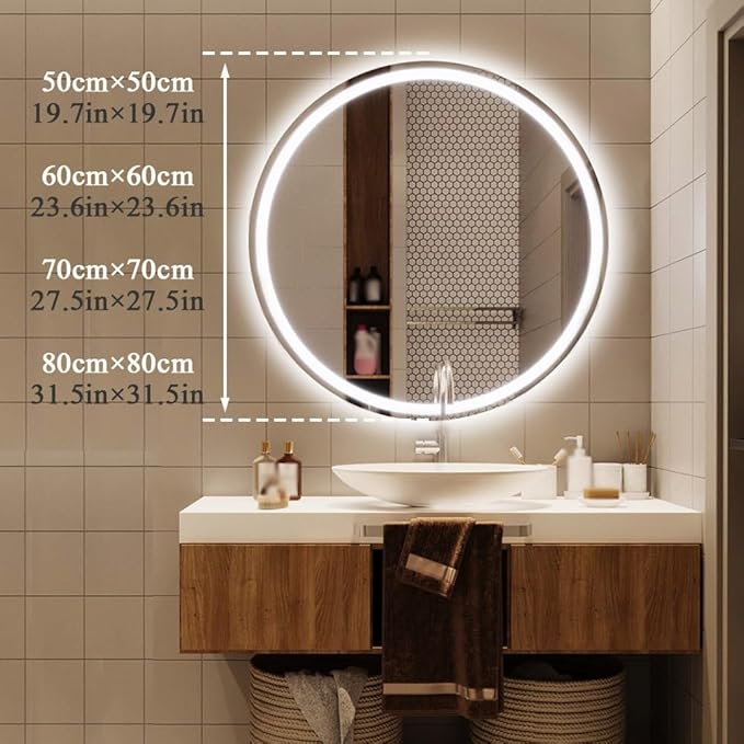 LTSRLL Frameless Illuminated LED Bathroom Wall Mirror with Touch, Demister Pad and Dimmable Lights & 3 Colors for Makeup Shaving and Bath Vanity IP44(Translucent,70cm/27.5in)