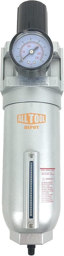 3/4" NPT SUPER DUTY Compressed Air In Line Filter Regulator Combo Piggyback, Metal Bowl, 5 Micron Element, Adjustable From 7 to 175 PSI (AUTO DRAIN)