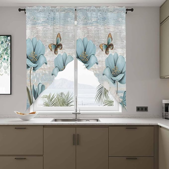 Spring Floral Swag Valances for Windows, Vintage Tulips Flower Butterfly Retro Wood Blue Rod Pocket Kitchen Curtains Valance, Kitchen Window Curtains Swag for Cafe Living Room, 2 Panels, 36x63 inch