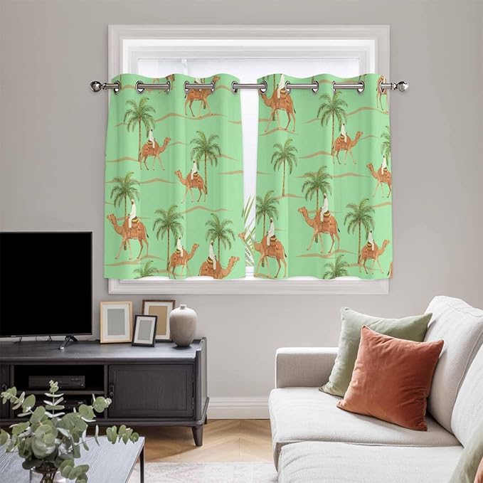 2 Panel Kitchen Cafe Curtains, Desert Camels Sunlight Filtering Nature Air Through, Home Decor Window Covering Tier Curtains for Bedroom Living Room Tropical Date Palm Trees Animal Green