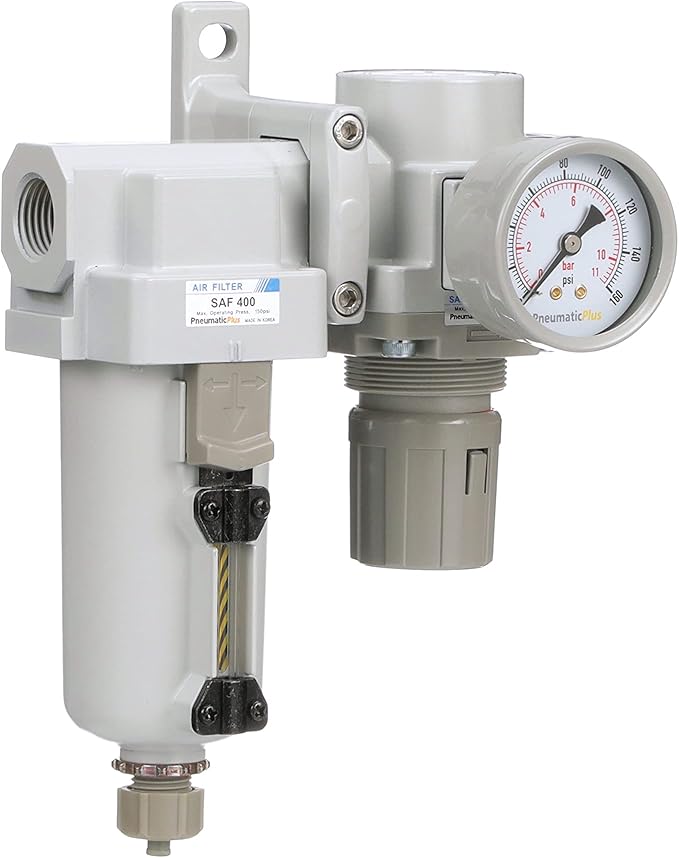 PneumaticPlus SAU420-N04G-MEP Compressed Air Filter Regulator Combo 1/2" NPT - Metal Bowl, Manual Drain, Bracket, Gauge