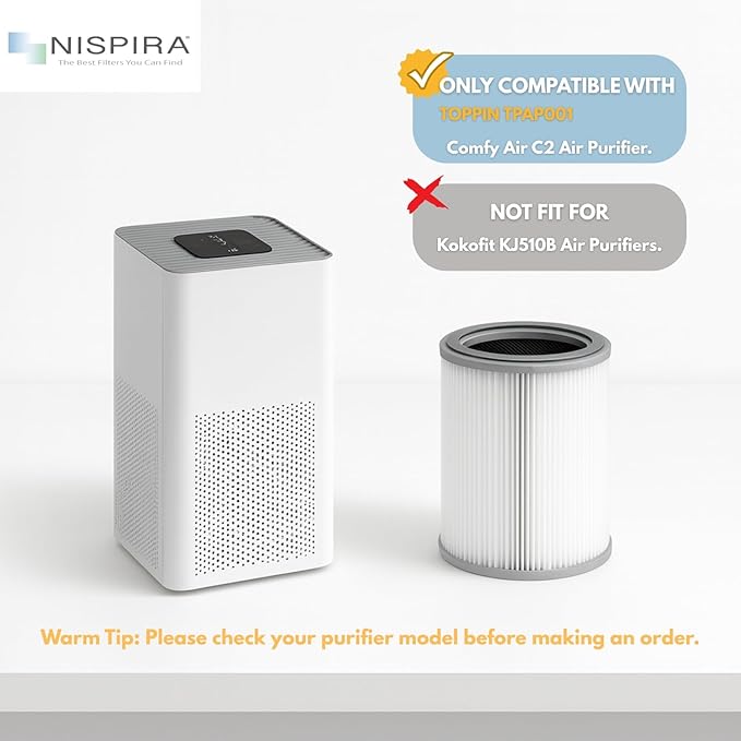 Nispira 3-in-1 True HEPA with Activated Charcoal Replacement Filters, Compatible with TOPPIN TPAP001 Air Purifier Comfy Air C2, 4-Packs