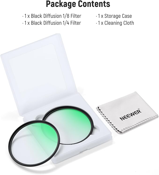 NEEWER 58mm 1/4 & 1/8 Black Diffusion Camera Lens Filter 2 Pack Set, Dreamy Cinematic Effect Filter Multicoated Glass Storage Case Cleaning Cloth, for Portrait Photography Video