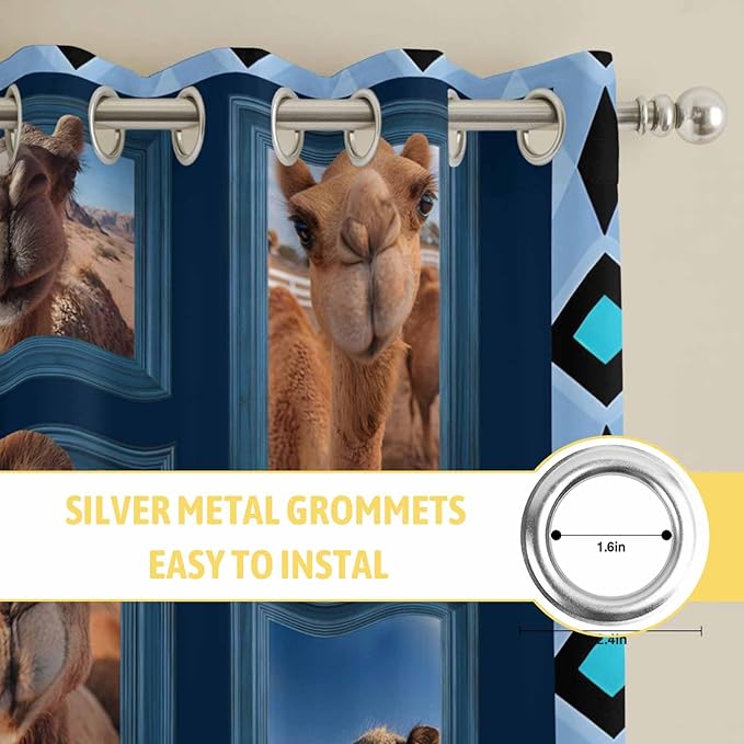 2 Panel Kitchen Cafe Curtains, Desert Camels Sunlight Filtering Nature Air Through, Home Decor Window Covering Tier Curtains for Living Room 80W x 84L inch Wildlife Brown Animals Blue Geometric