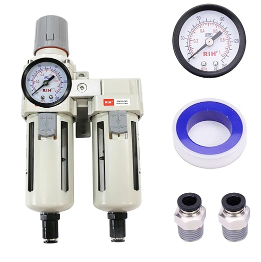 RIH Air Dryer System - 1/2" NPT Double Air Filters-5 Micron Particulate Filter& Air Pressure Regulator - Gauge(0-150 psi), Auto Drain, Poly Bowl,Bracket - 3 in 1 Two Unit (1/2" NPT) AC4011-04D