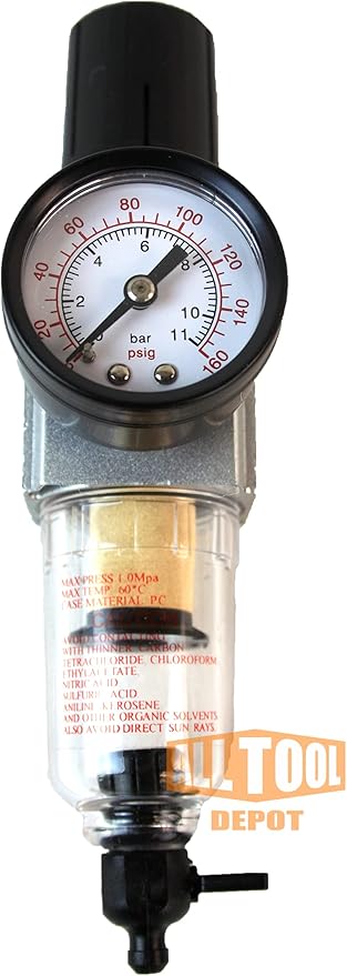 1/4" NPT Mini Compressed Air In Line Filter Regulator Combo Piggyback, Poly Bowl And Metal Body, 5 Micron Element, Adjustable From 7 to 140 PSI (MANUAL DRAIN)