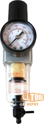 1/4" NPT Mini Compressed Air In Line Filter Regulator Combo Piggyback, Poly Bowl And Metal Body, 5 Micron Element, Adjustable From 7 to 140 PSI (MANUAL DRAIN)