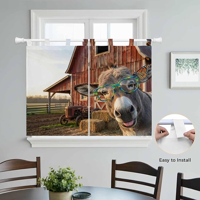 Farm Donkeys Bedroom Curtains 63 Inch Length, Window Curtains Tab Top, Farmhouse Barn Funny Animals Butterfly Light Filtering Window Treatments Drapes 42"x63" 2 Panel