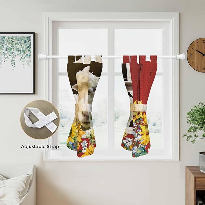 Sheep Flowers Kitchen Curtains 45 Inch Length, Short Cafe Window Curtains Tab Top, Country Red Barn Botanical Sunflowers Light Filtering Window Treatments Tier Drapes 27.5"x45" 2 Panel