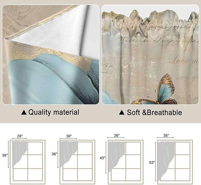 Spring Flowers Swag Valances for Windows, Vintage Rustic Tulips Floral Butterfly Khaki Rod Pocket Kitchen Curtains Valance, Kitchen Window Curtains Swag for Cafe Living Room, 2 Panels, 36x63 inch