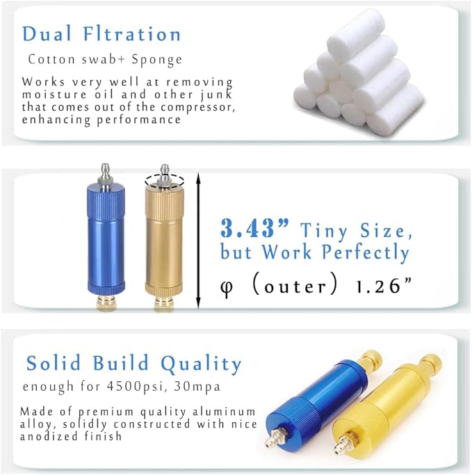 PCP Air Compressor Filter Dryer 4500Psi 30Mpa, High Pressure Pump Oil Water Seperator for PCP Rifle, Air Guns, SCUBA Cylinders Tank, with Quick Connector, Filtration Replacements (small blue)