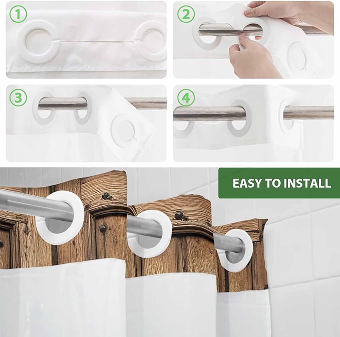 Wood Barn Door No Hook Shower Curtain with Snap in Liner Set, Waterproof Shower Curtains for Bathroom, Wooden Plank Fabric Shower Curtain, See Through Mesh Top Window, 72" W x 84" L