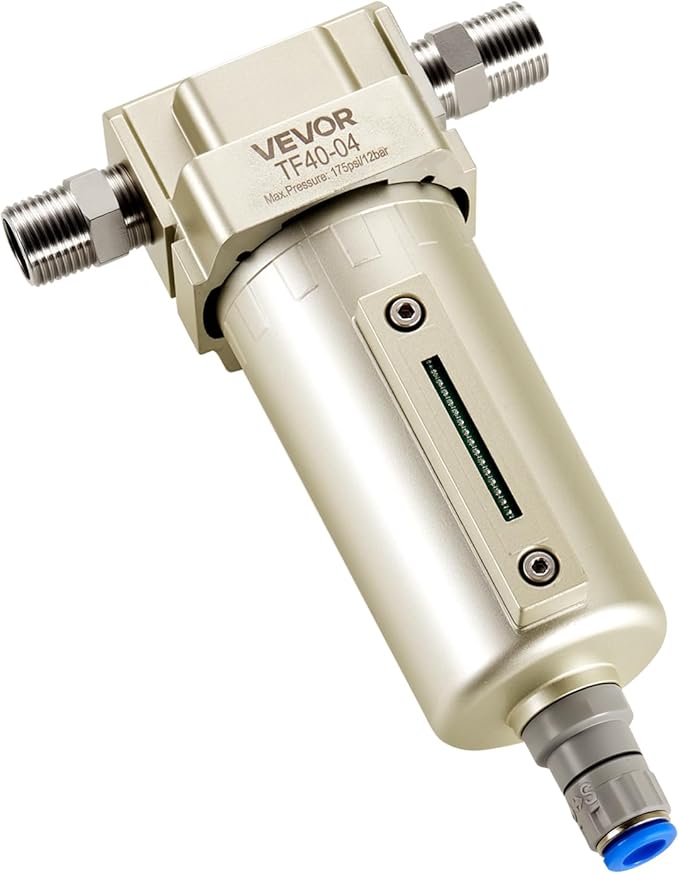 VEVOR Air Compressor Filter, 1/2" NPT Air-Dryer for Compressor with 5μm Brass Filter Element, Auto-Drain Air Compressor Water Separator 175 PSI Max Working Pressure, Aluminum Alloy Bowl