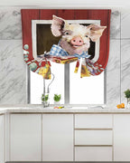 Tie Up Curtains for Windows, Pig Sunflowers Adjustable Balloon Nature Linen Textured Kitchen Curtain, Eucalyptus Leaves Floral Bees Red Barn Room Darkening Curtains for Glass Door, 42 x 45 in