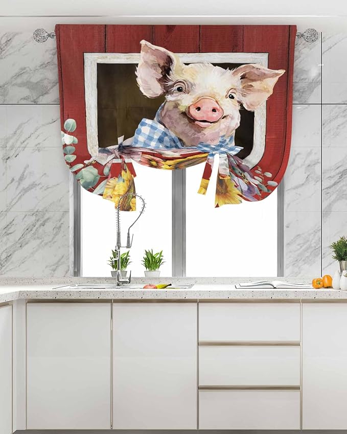 Tie Up Curtains for Windows, Pig Sunflowers Adjustable Balloon Nature Linen Textured Kitchen Curtain, Eucalyptus Leaves Floral Bees Red Barn Thermal Insulated Curtains for Window, 42" x 54"