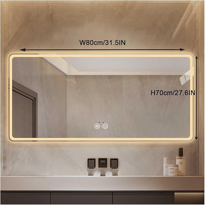 Bathroom Mirror with LED Lights，Smart Illuminated LED Bathroom Mirror，Energy-Saving LED Smart Mirrors，LED Mirror for Bathroom，with Demister Pad and Smart Touch Switch(H70*W80cm/H27.6*W31.5IN)