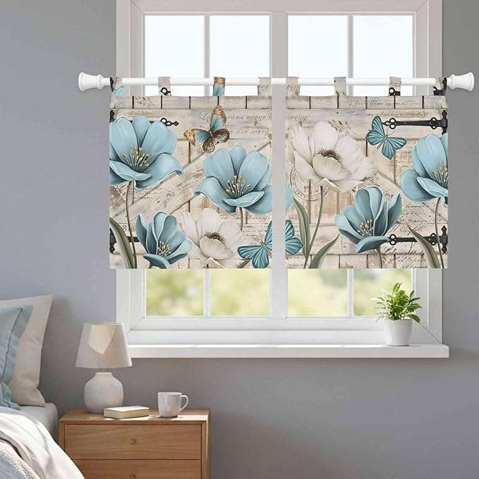 Teal Blue Tulips Kitchen Curtains 24 Inch Length, Small Window Curtains Tab Top, Spring Floral Barn Doors Vintage Wood Beige Light Filtering Short Window Treatments Tier Drapes 27.5"x24" 2 Panel