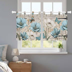 Teal Blue Tulips Kitchen Curtains 36 Inch Length, Small Window Curtains Tab Top, Spring Floral Barn Doors Vintage Wood Beige Light Filtering Short Window Treatments Tier Drapes 27.5"x36" 2 Panel