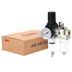 SNS 1/4" NPT Compressed Air Filter Regulator Lubricator Two Units Combo FRL Water/Oil Trap Separator, Semi-auto Drain, Gauge and Bracket, Poly Bowl AC2010-N02A