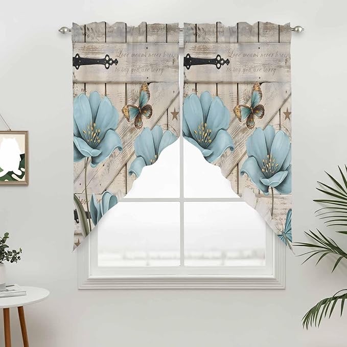 Teal Blue Tulips Swag Valances for Windows, Spring Floral Barn Doors Vintage Wood Beige Rod Pocket Kitchen Curtains Valance, Kitchen Window Curtains Swag for Cafe Living Room, 2 Panels, 36x45 inch