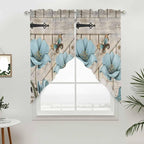 Teal Blue Tulips Swag Valances for Windows, Spring Floral Barn Doors Vintage Wood Beige Rod Pocket Kitchen Curtains Valance, Small Window Curtains Swag for Cafe Living Room, 2 Panels, 28x36 inch