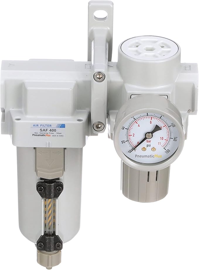 PneumaticPlus SAU420-N04G-MEP Compressed Air Filter Regulator Combo 1/2" NPT - Metal Bowl, Manual Drain, Bracket, Gauge