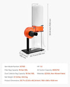 VEVOR Dust Collector, 800 CFM 2.5 Micron Vortex Cone Dust Collectors, 1HP Sawdust Collection System with 16-Gallon Large Capacity Dusts Collector Bag, Filter Bag, and Casters, 3400 RPM High Speed