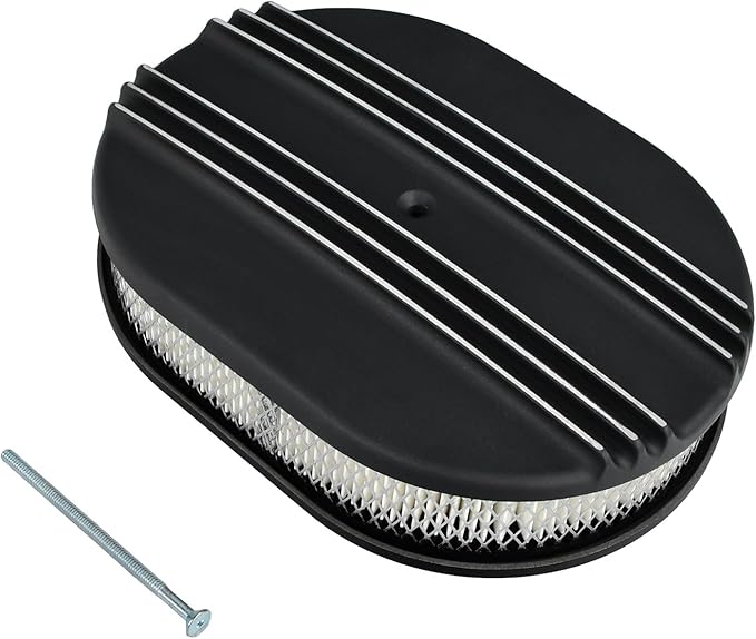 12" Air Cleaner Kit Oval Half Finned Black Aluminum Compatible with Classic Chevy Ford