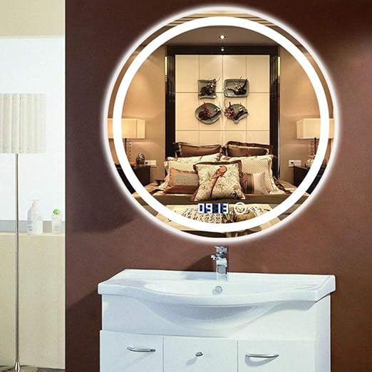 Bathroom Mirror Round Waterproof LED Bathroom Wall Makeup Mirrors with White Light Sensor Touch Control and Demister Pad (Color : with Frame Size : 70cm) (with Frame 60cm)