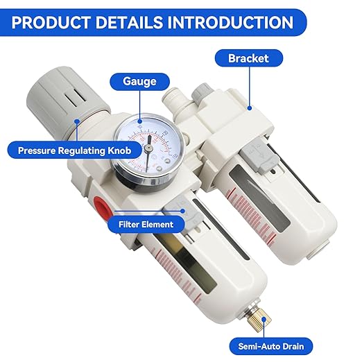 3/8"-Air-Dryer-for-Compressor, Air-Compressed-Filter-Regulator Lubricator Combo Water-Oil Trap Separator, NPT Semi-Auto Drain 0-150PSI