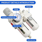 3/8"-Air-Dryer-for-Compressor, Air-Compressed-Filter-Regulator Lubricator Combo Water-Oil Trap Separator, NPT Semi-Auto Drain 0-150PSI