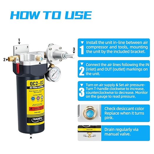 NANPU QC2 1/4" NPT Desiccant Air Dryer with Regulator and Gauge – Inline Moisture Filter for Air Compressor, 1/4" NPT Ball Valve, 120 CFM, 151 PSI – Ideal for Spray Painting and Pneumatic Tools
