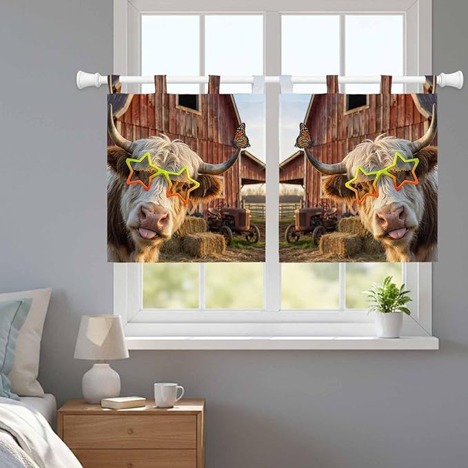 Farm Yaks Kitchen Curtains 24 Inch Length, Small Window Curtains Tab Top, Farmhouse Barn Funny Animals Butterfly Light Filtering Short Window Treatments Tier Drapes 27.5"x24" 2 Panel