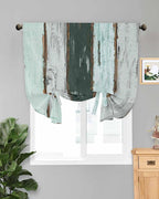 Tie Up Curtains for Windows, Blue Teal Adjustable Balloon Nature Linen Textured Kitchen Curtain, Vintage Wooden Retro Art Farmhouse Barns Tie Up Blackout Curtains for Bedroom, 52 x 63 Inches