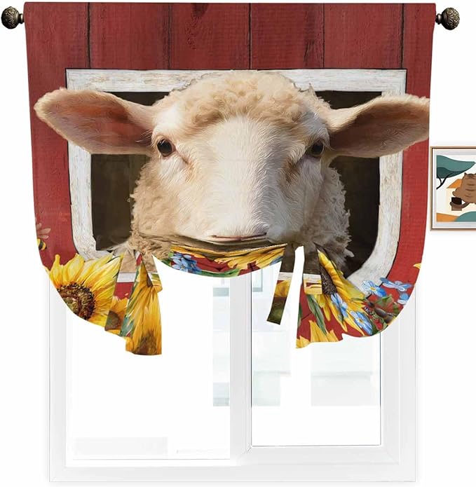 Tie Up Curtains for Windows, Sheep Sunflower Adjustable Balloon Nature Linen Textured Kitchen Curtain, Country Red Farm Barn Spring Flowers Tie Up Blackout Curtains for Bedroom, 52 x 63 Inches