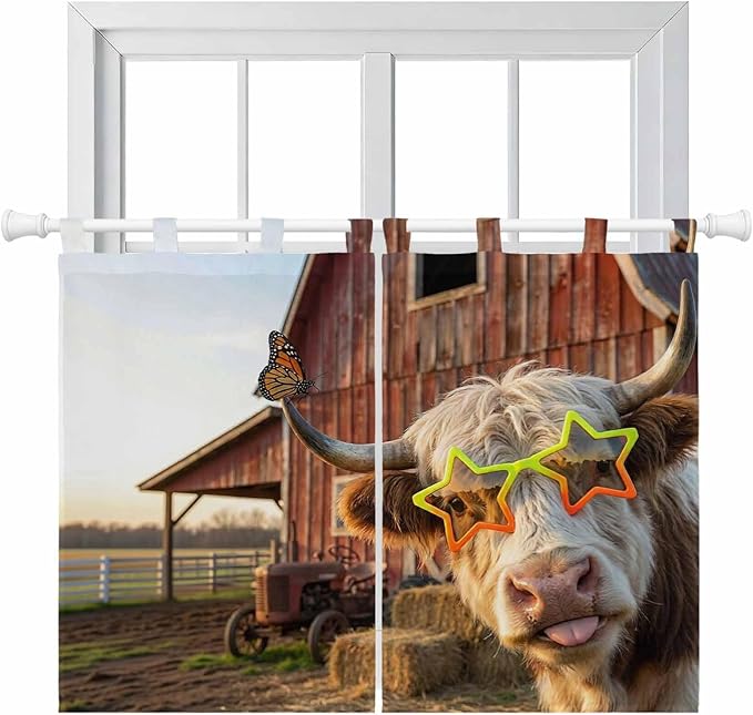 Farm Yaks Kitchen Curtains 45 Inch Length, Short Cafe Window Curtains Tab Top, Farmhouse Barn Funny Animals Butterfly Light Filtering Window Treatments Tier Drapes 27.5"x45" 2 Panel