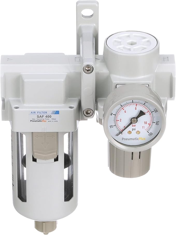 PneumaticPlus SAU420-N04G Compressed Air Filter Regulator Combo 1/2" NPT - Poly Bowl, Manual Drain, Bracket, Gauge