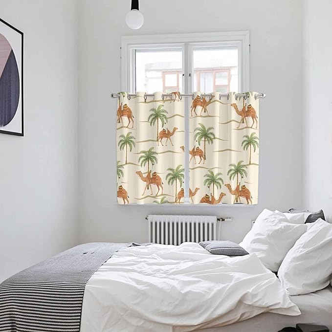 2 Panel Kitchen Cafe Curtains, Date Coconut Tree Sunlight Filtering Nature Air Through, Home Decor Window Covering Tier Curtains for Living Room 104W x 63L inch Desert Camels Botanical Tropical Beige