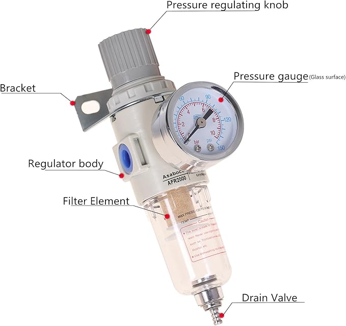 1/4"NPT Air Filter Regulator Combo Piggyback, Water-Trap Air Tool Compressor Filter with Gauge AFR2000