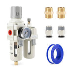 3/8" NPT Air Compressor Water Separator Regulator Filter Combo Compressed Air Filter Dryer Pressure Regulator with Gauge(0-150 psi) Poly Bowl Semi-Auto Drain Bracket - 3 in 1 Two Unit