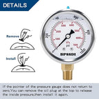0-1000 Psi Glycerin Liquid Filled Hydraulic Pressure Gauge, 2.5" Dial Size, 1/4" NPT Lower Mount, 304 Stainless Steel Case, for Water Oil Air Gas Pressure Test