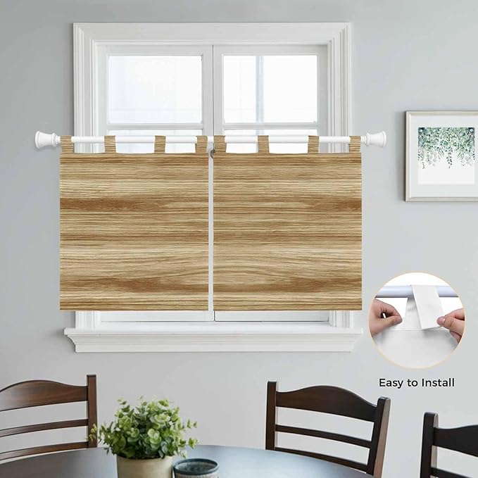 Light Brown Wood Grain Kitchen Curtains 36 Inch Length, Small Window Curtains Tab Top, Western Farmhouse Barn Door Light Filtering Short Window Treatments Tier Drapes 27.5"x36" 2 Panel