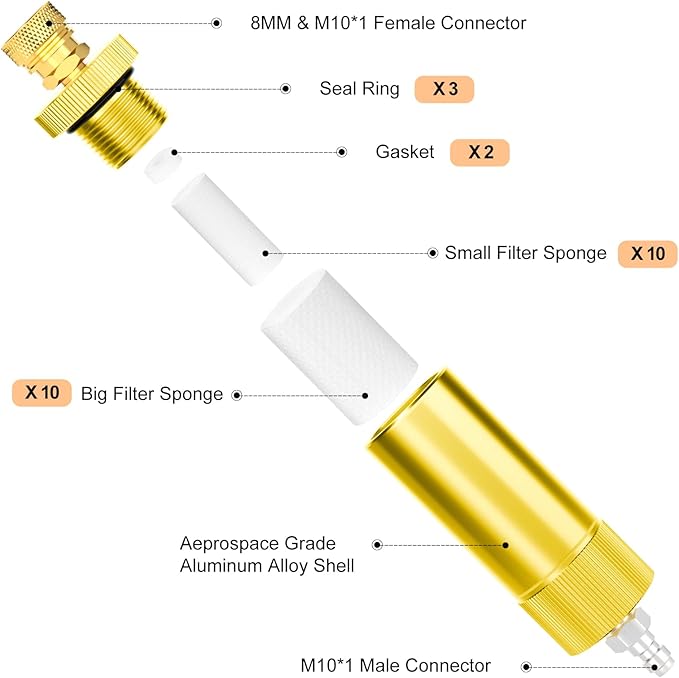 MEANLIN MEASURE 30Mpa Water-Oil Separator With 20 inch Spring Flexible Hose and 8MM & M10 Fast Connecting Internal Thread Mother Head For High Pressure Air Compressor Pump Yellow