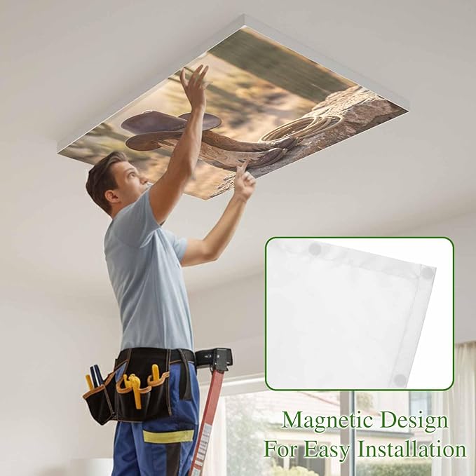 1 Pack Fluorescent Light Cover, Cowboy Western Light Covers for Ceiling Lights, Cowboy Hats Boots Desert Cacti Vintage Magnetic Lights Filters Ceiling Shade for Classroom/Office - 4 x 2 Feet
